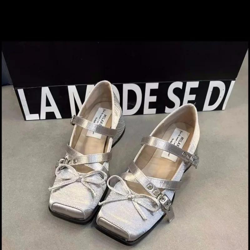 

Fashion 2025 Fashion Women s Mary Jane High Heels Square Toe Buckle Strap Bow Tie Chunky Heels Pumps Shallow Hot Sale Daily Brand Dress 35