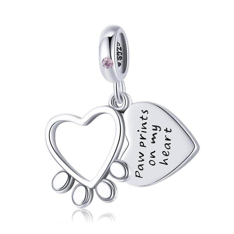 Bamoer Argent 925 Zircon Rose Pendentifs Patte d'Animal Breloques Forme de Cœur Perles Chien pour Bracelet et Collier Femme DIY SCC2434