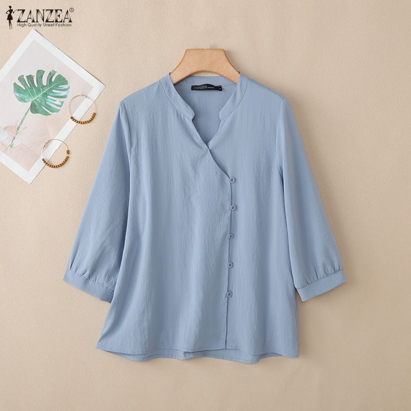 ZANZEA Women Casual V-neck Solid Color Loose 3/4 Sleeve Blouse