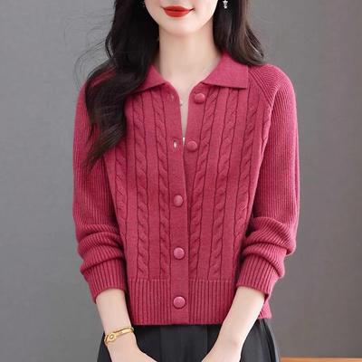 Autumn Winter Outerwear Lapel Solid Cropped Knit Cardigan Women Korean Loose High Waist Sweater