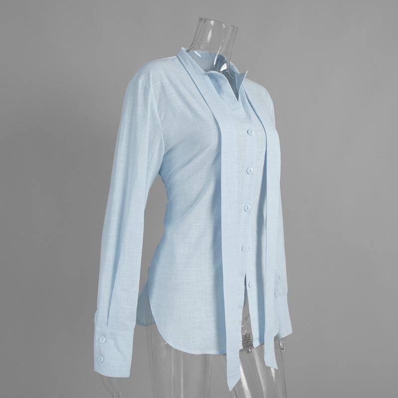 Fashion Cotton Strap Shirt for Women Spring Autumn Bandage Elegant Solid Color Slim Fit Top Commuting Casual Simple Long Sleeve Blouse Sweet Clothing