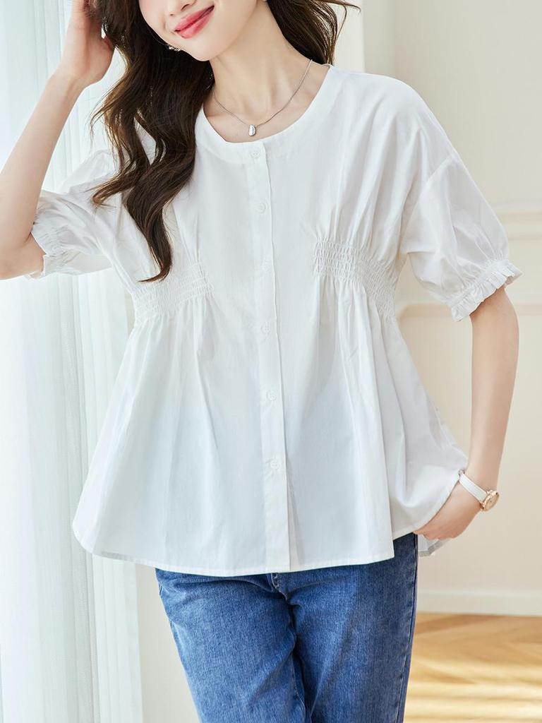 Asymmetrical Pleated Short-Sleeve Shirt - 2026 Summer Loose Round Neck Top