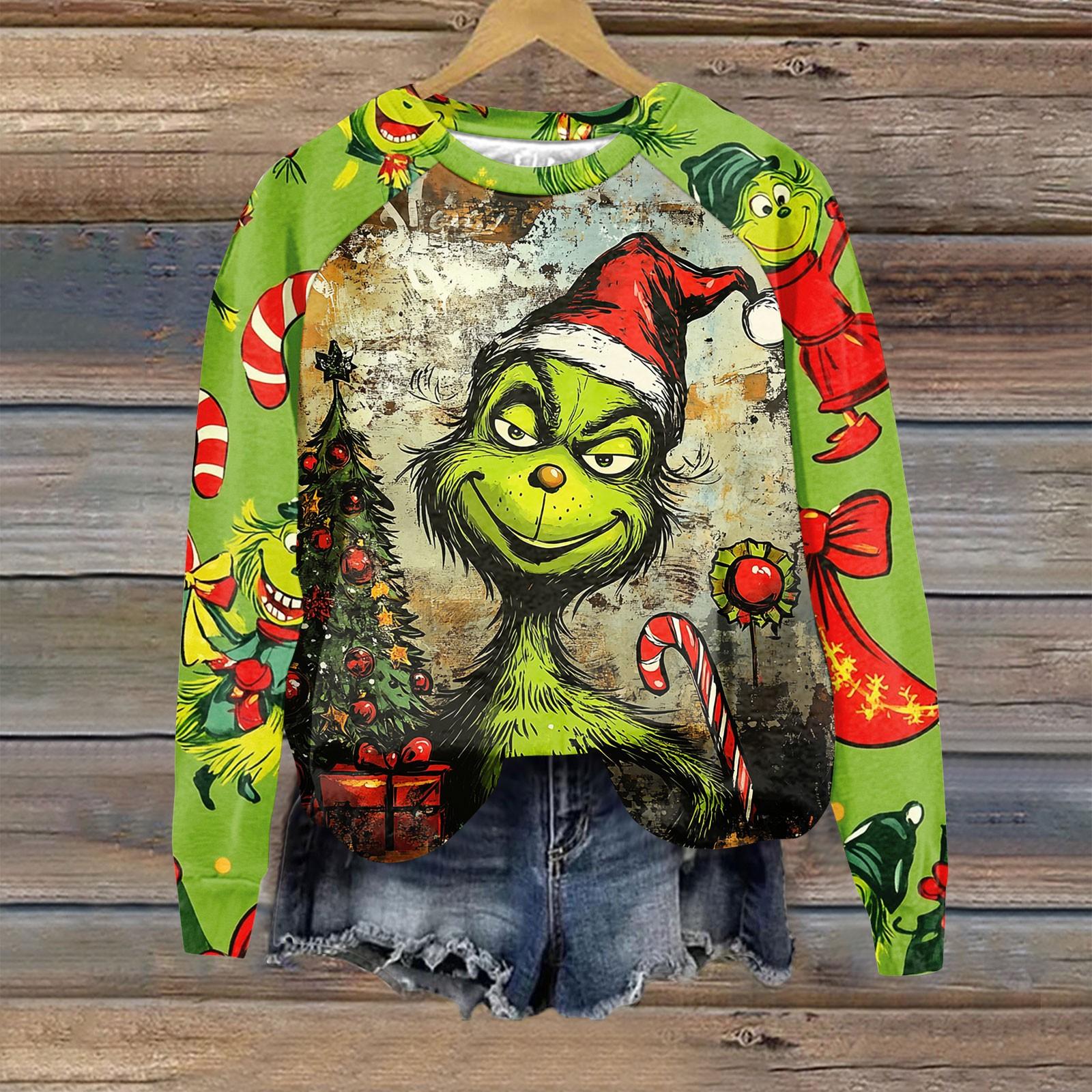 

Жіночий модний повсякденний світшот з довгим рукавом і різдвяним принтом реглан з круглим вирізом M