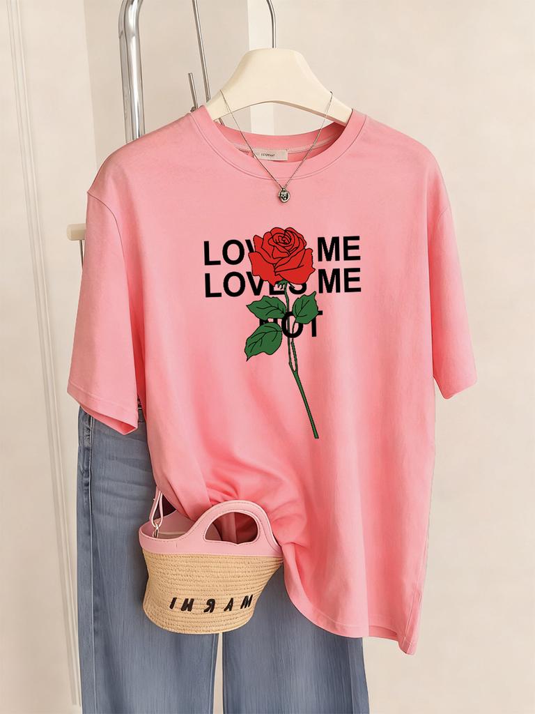Loved Me Rose Flower Printed TShirts Women Casual ONeck Short Sleeve Tops Comfortable Loose T Shirt Summer Soft Womans Clothes