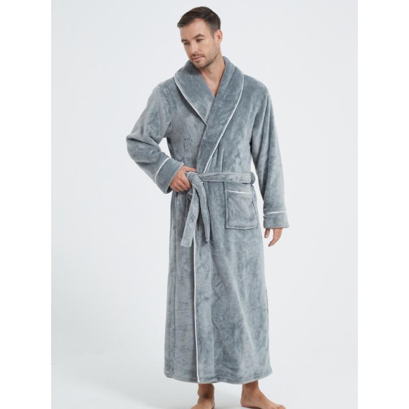 Men's Shawl Collar Robes Full Length Fleece Plush Bathrobes Soft Spa House Coat with Pockets Fluffy Spa Robes Winter Warm Flannel Long Robe for Men
