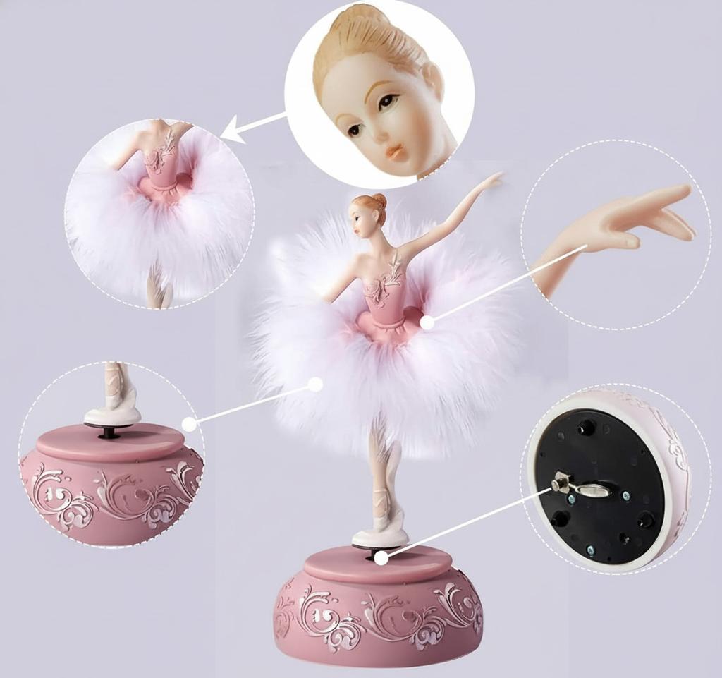 White/Pink Ballerina Music Box Figurine Plays Swan Lake, Hand-Painted Ballet Girl Feather Skirt Musical Gift for Birthday