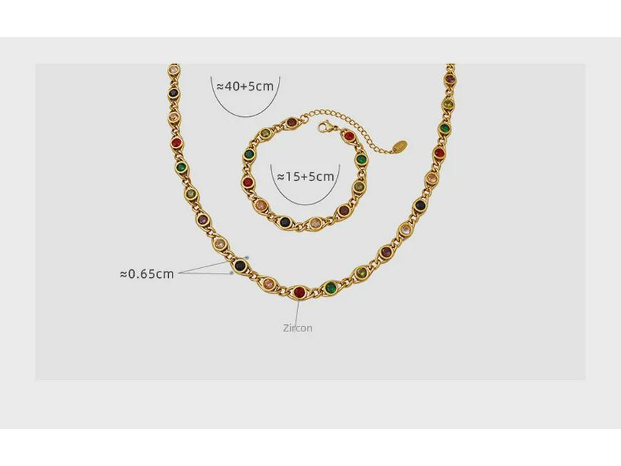 Colorful Zircon Fisheye Necklace & Bracelet Set with Copper Chain
