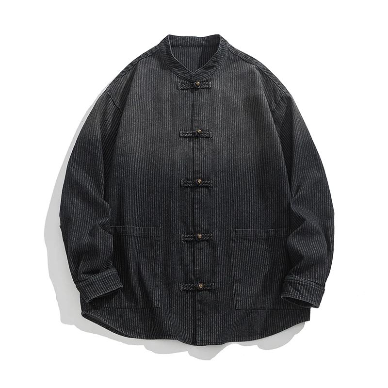 Autumn Men Chinese Style Tang Suit Shirt Washed Denim Top Traditional Kung Fu Tai Chi Denim Jacket Men Casual Cotton Coat Jacket