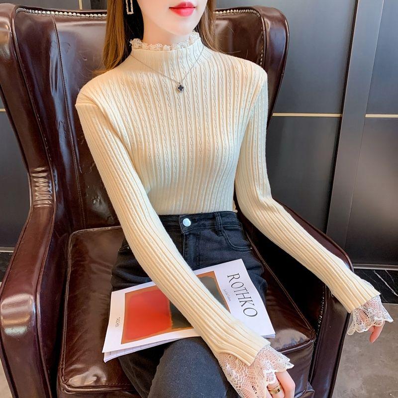 Autumn and Winter Slim Fit Half High Collar Patchwork Lace Long Sleeved Base Knit Sweater Top for Women