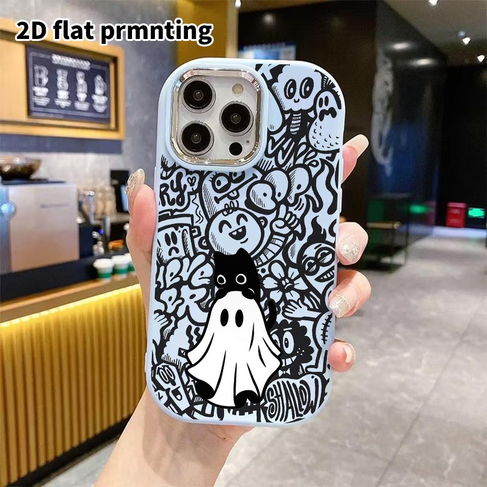 Phone Case: 2D Flat Design Suitable for iPhone 18 17 16 15 14 13 Pro Protective Case, Couple Style, Ghost Little Black Cat, Christmas and Halloween Gi