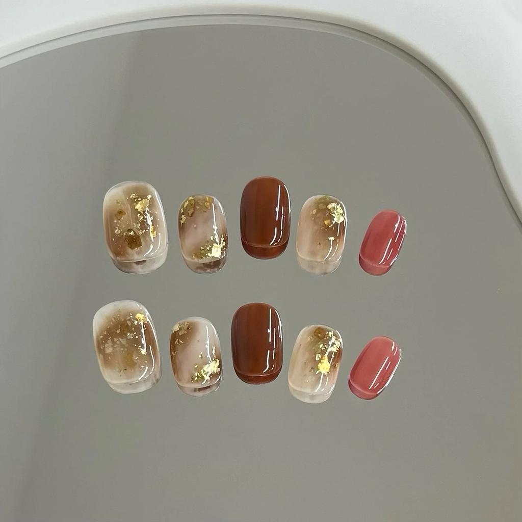 10Pcs French Handmade Short Press On Nails Floral Design Full Cover Stick On False Nails