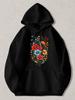 Black Pullover Hoodie with Vibrant Floral Bouquet Print Featuring Red Blue and Orange Flowers Casual Long Sleeve Sweatshirt with K