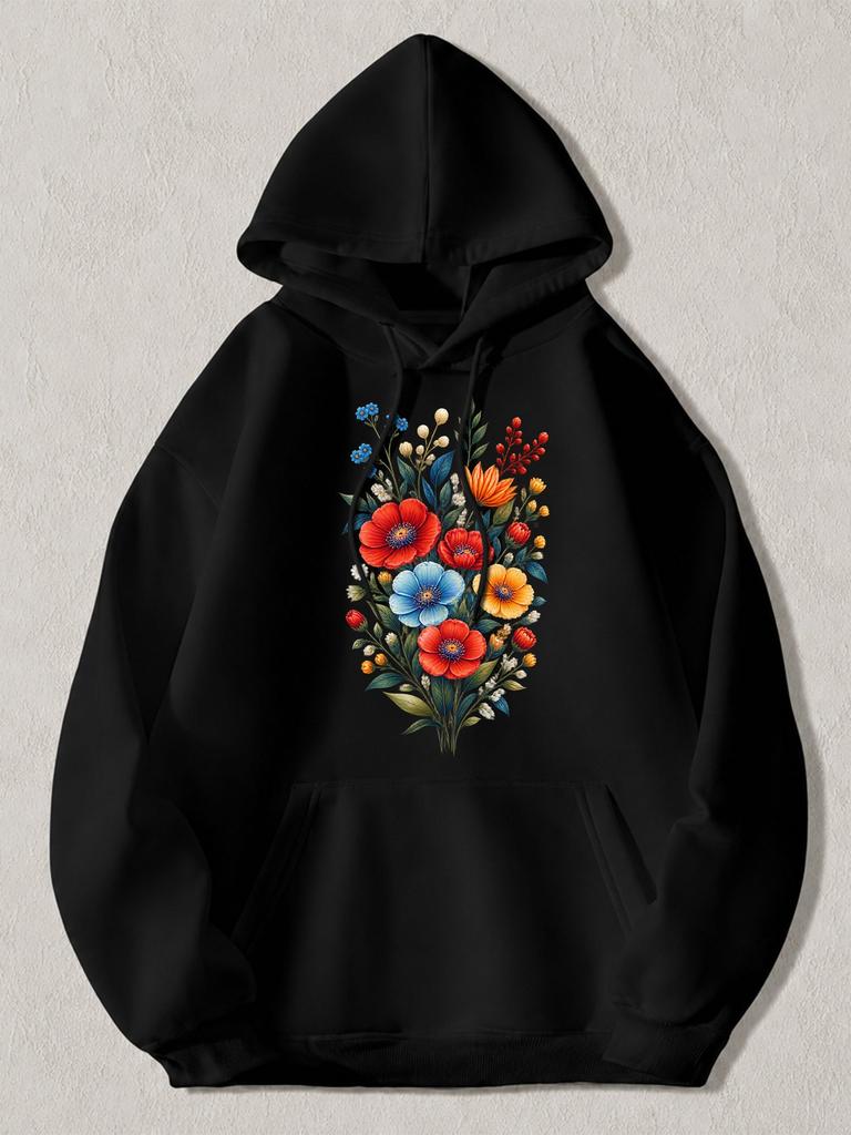 Black Pullover Hoodie with Vibrant Floral Bouquet Print Featuring Red Blue and Orange Flowers Casual Long Sleeve Sweatshirt with K