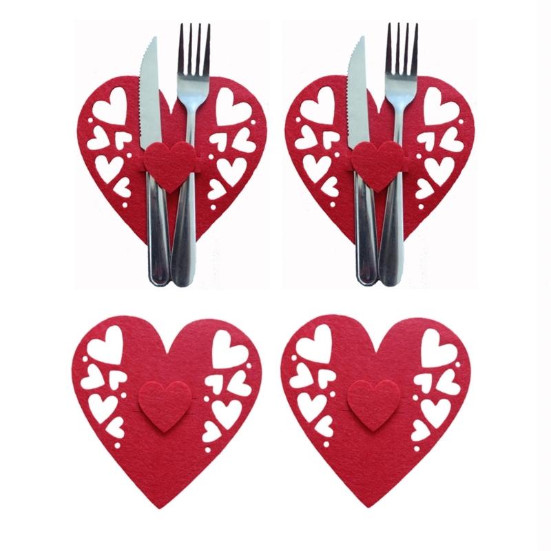 4 PCS Valentine's Day Love Cutlery Bag Set Fork Knife Bag Tableware Holder Bags Perfect for Couples and Special Dinners