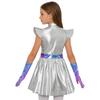Girls Alien Cosplay Dress Metallic Hollow Out Flying Sleeve Back Zipper Ruffled Dress Gloves Robot Outfit