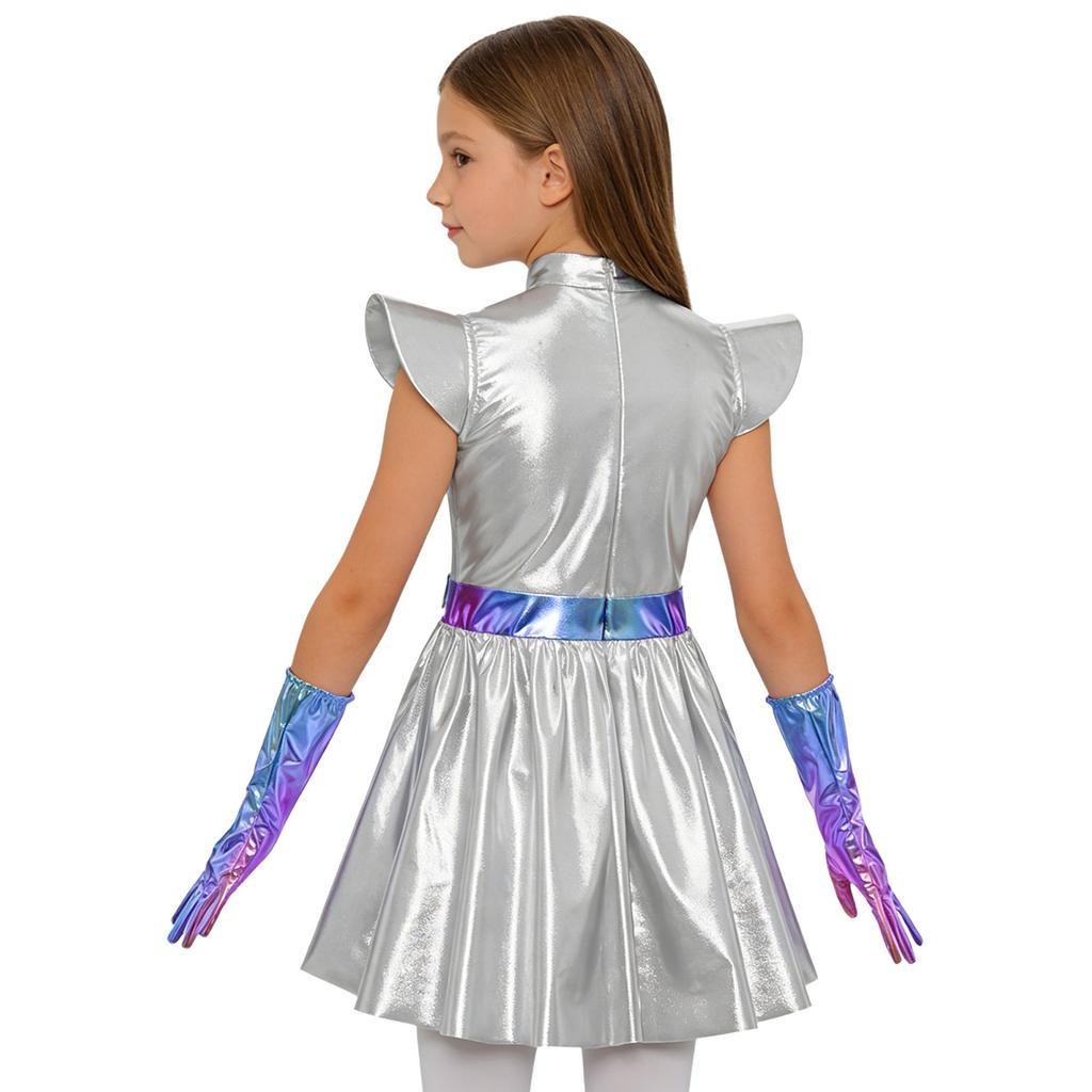 Girls Alien Cosplay Dress Metallic Hollow Out Flying Sleeve Back Zipper Ruffled Dress Gloves Robot Outfit