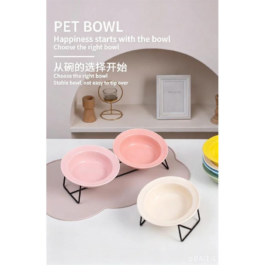 Cute 15° Tilted Ceramic Cat Bowl Double Pet Feeder Bowl with Iron Stand Anti-slip Elevated Food Water Bowl for Small Dogs Cats