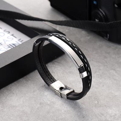 1 Men's Wish Stainless Steel Leather Bracelet With Curved Pu Leather Woven Bracelet For Travel Wear And Accessories-805091