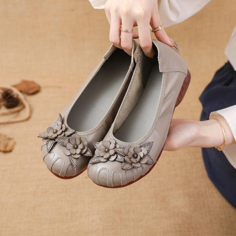 New Real Cow Leather Ballet Flats Woman Slim Foot Shoes Ladies Vintage Floral Moccasins Woman Luxury Flattie Beige Slip On Shoes