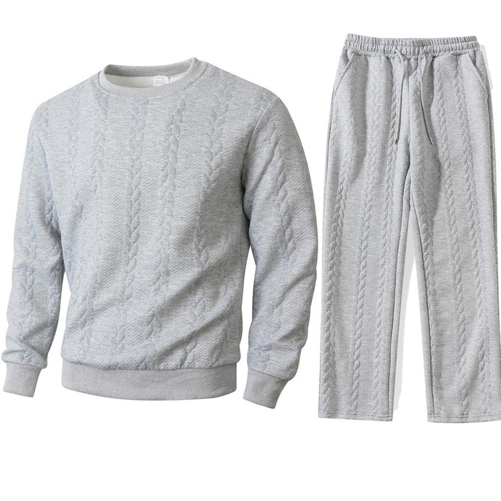 2025 Solid Color Sports Casual Jacquard Men's Warm Bottoming Shirt Sweater Pants Suit