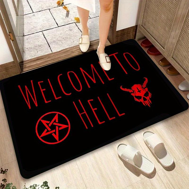 Gothic "Welcome To Hell" Rectangular Doormat, Skull & Pentagram Pattern Floor Mat, Non-Slip Washable Dark Ritual Entrance Rug