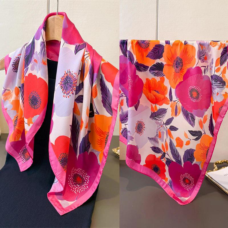 Luxury Floral Printed Square Scarf For Women Imitation Silk Scarves Bandanas Hijab Neckerchief Elegant Shawl Wraps