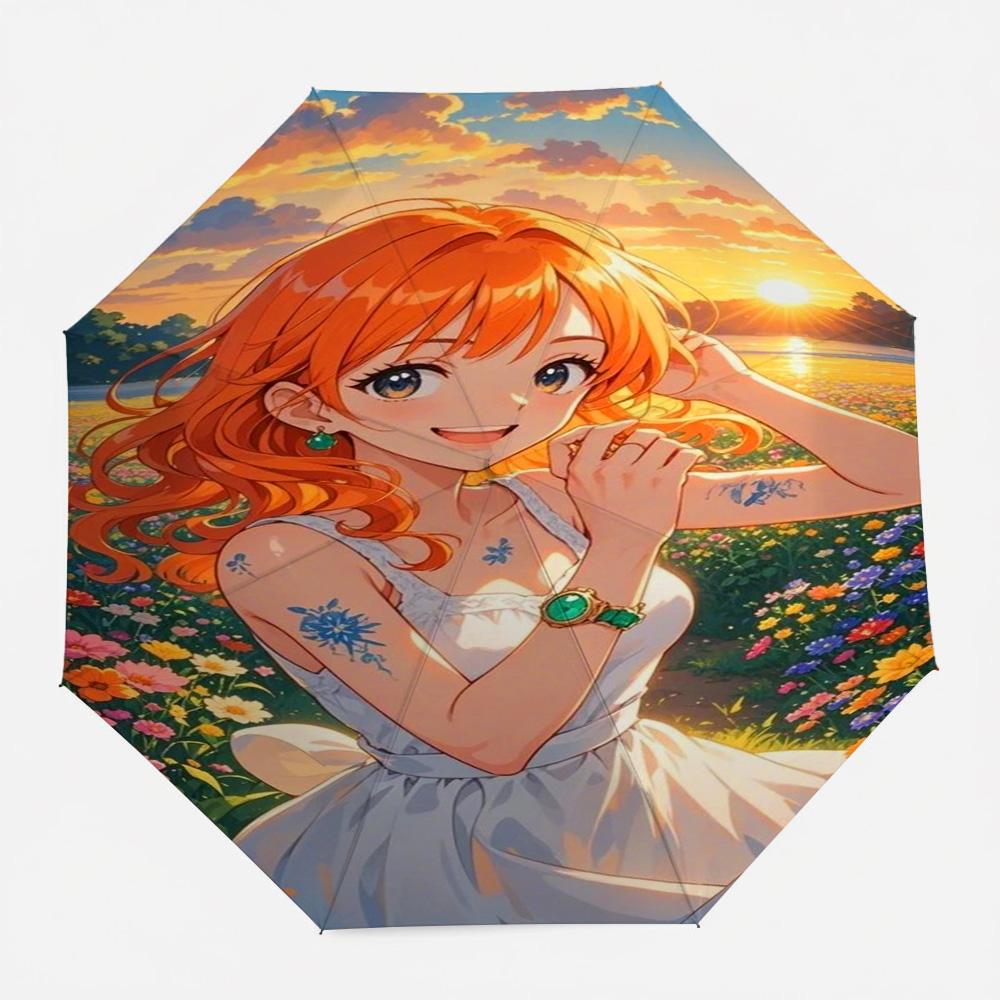 

One Piece Nami Flower Field Sunset Anime Art Automatic Folding Umbrella Windproof Waterproof UV Protection Compact Travel Umbrel (as the picture,Iron&8K)