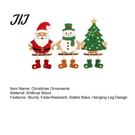 Small Wood Holiday Figurines 3Pcs 2D Wooden Christmas Hanging Ornaments, Cartoon Santa Snowman Tree Claus Figures with Leg Design, Tabletop Decor for