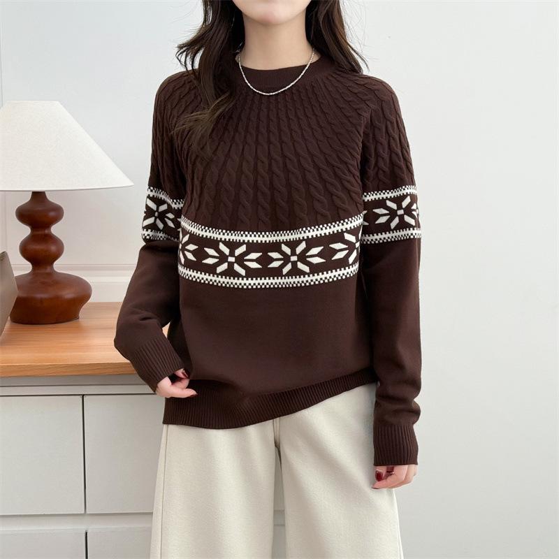 2026 Spring Plus Size Women's Jacquard Cable Knit Sweater, Round Neck, Long Sleeve, Year of the Rat New Year Outfit.