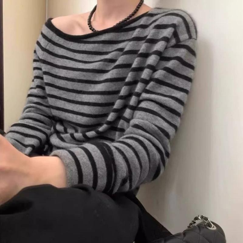 Elegant Loose Slanted Shoulder Knitted Pullover Striped Sweater Casual Gentle Autumn Women Fashion Long Sleeve Tops Loose Casual Office Thin Clothing