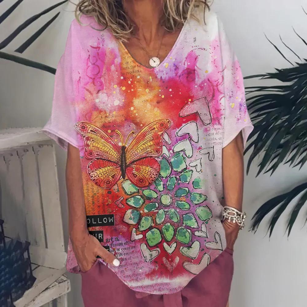 Ρούχα Γυναικεία με Λαιμόκοψη V Oversized Ρούχα Γυναικεία Κοντομάνικα Καλοκαίρι Ρετρό Μπλουζάκι Μόδες Βιολιά Μπλουζάκι με Εκτύπωση Streetwear