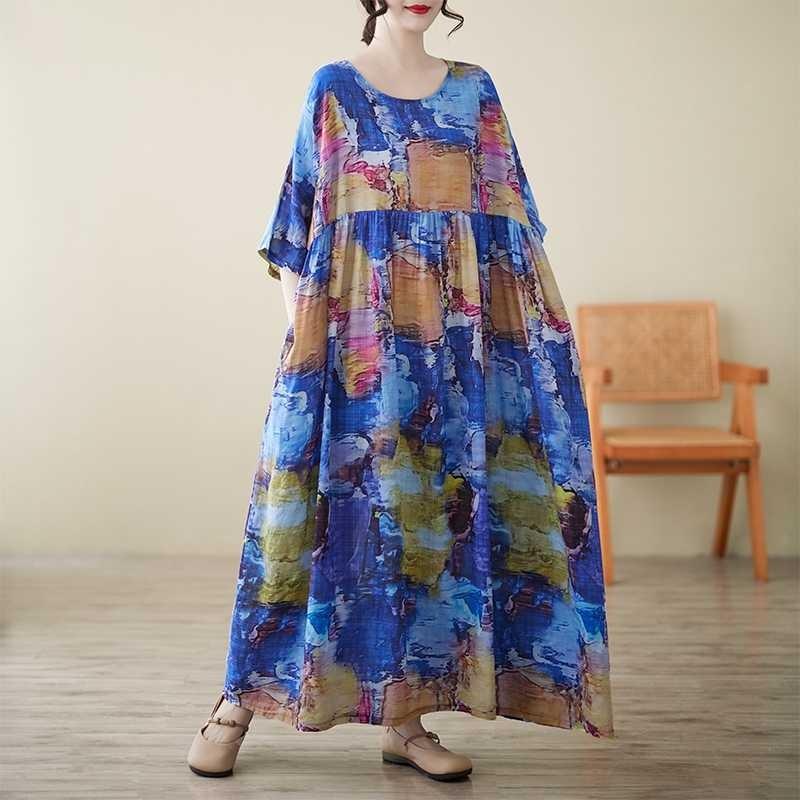 Summer New Round Neck Short Sleeve Literary Retro Casual Loose Women's Large Size Dress Middle-aged and Elderly Foreign Trade Dress