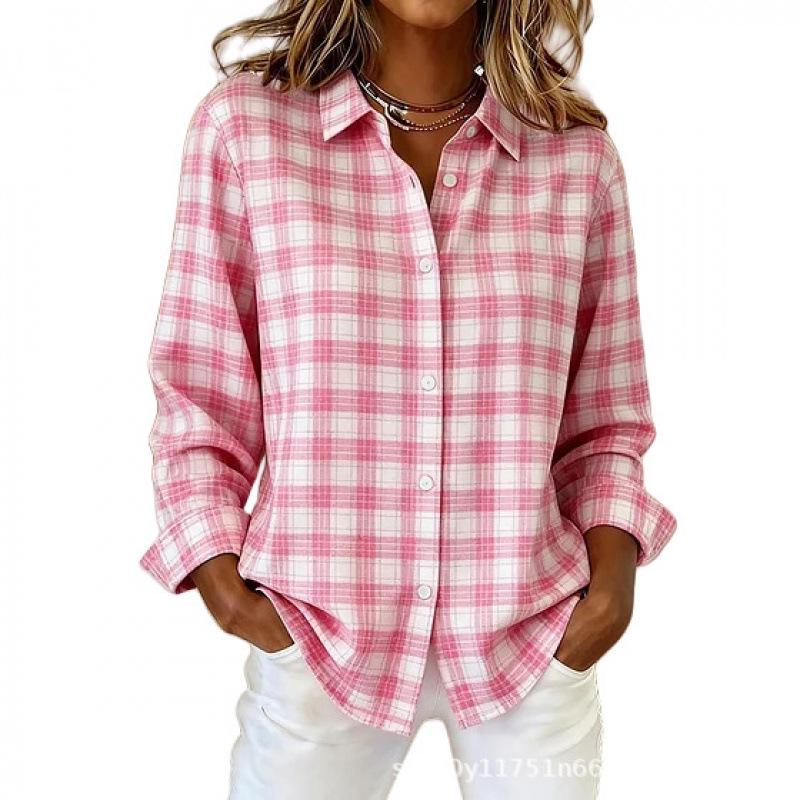 Women's Long-Sleeve Pink Floral Plaid Shirt - 3D Print Versatile Top