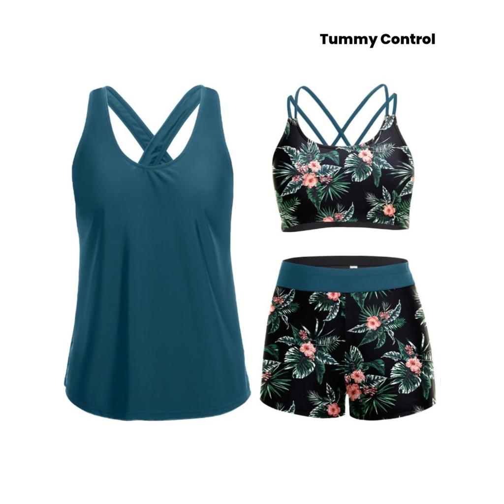 Set da Nuoto da Donna 3 Pezzi con Controllo Pancia, Include Top da Bagno con Reggiseno e Pantaloncini per Adolescenti