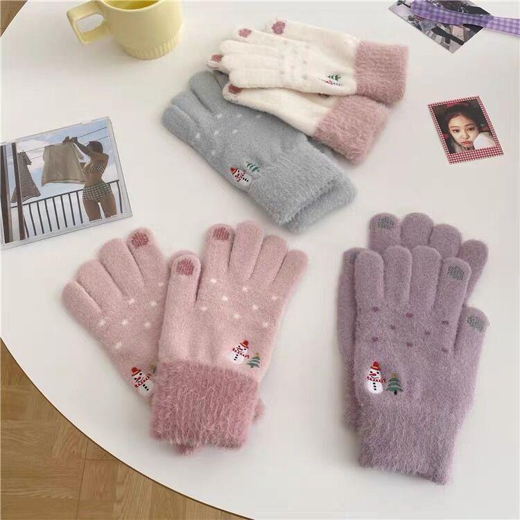 Sladké korejské Ins rukavice pro ženy na zimu Roztomilý vánoční sněhulák plyšové pletené vlněné studentské zimní teplé trendy