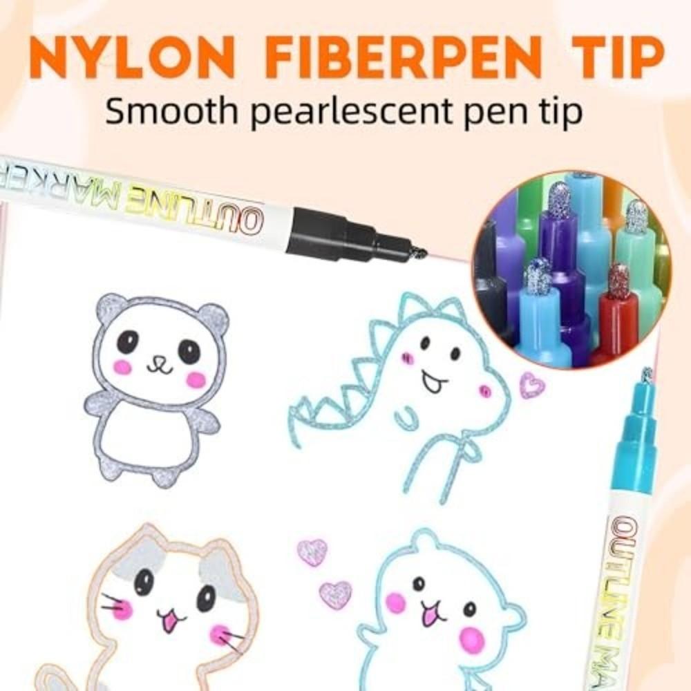 Multicolour Marker Pen Double Line Metallic Paint Marker New Outline Marker Set  for Girls Teens