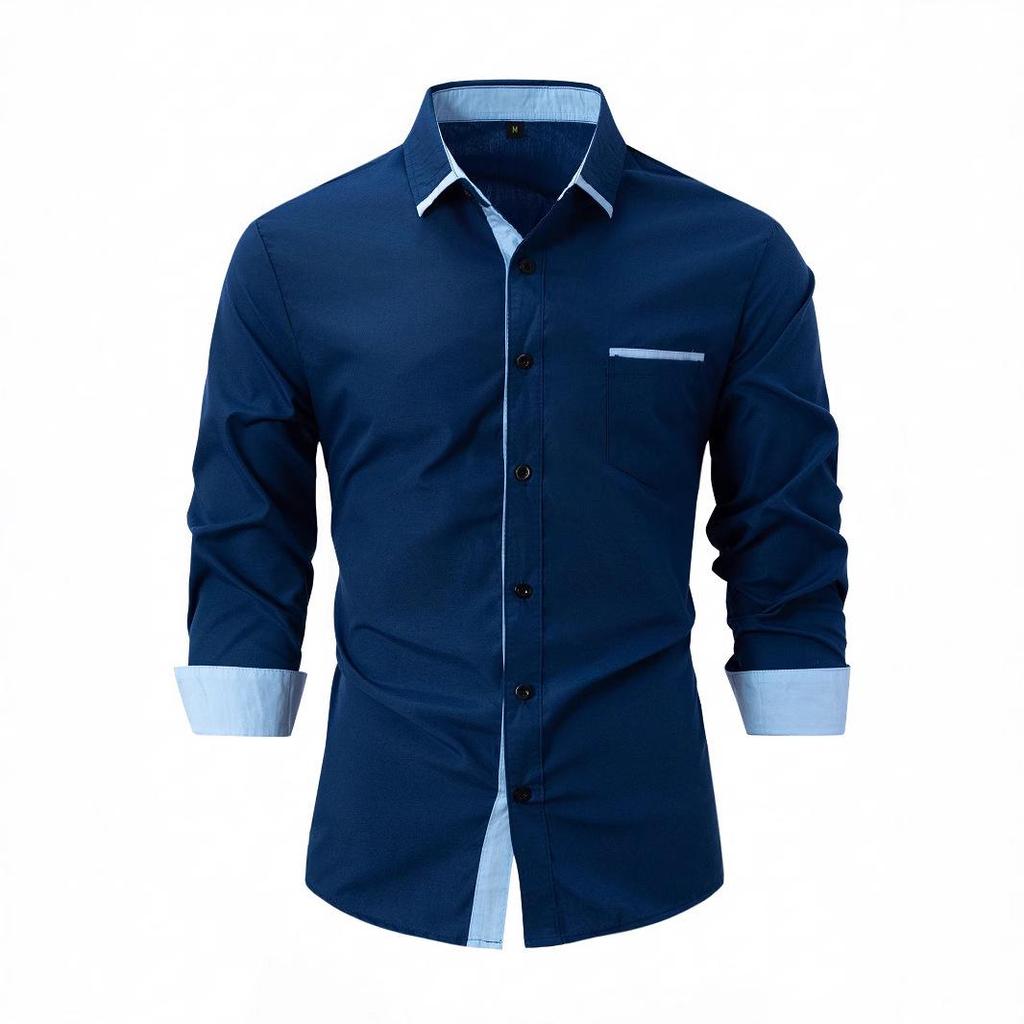 Men's Color Block Slim Fit Cotton Shirt - Long Sleeve, High-End Business Fashion
