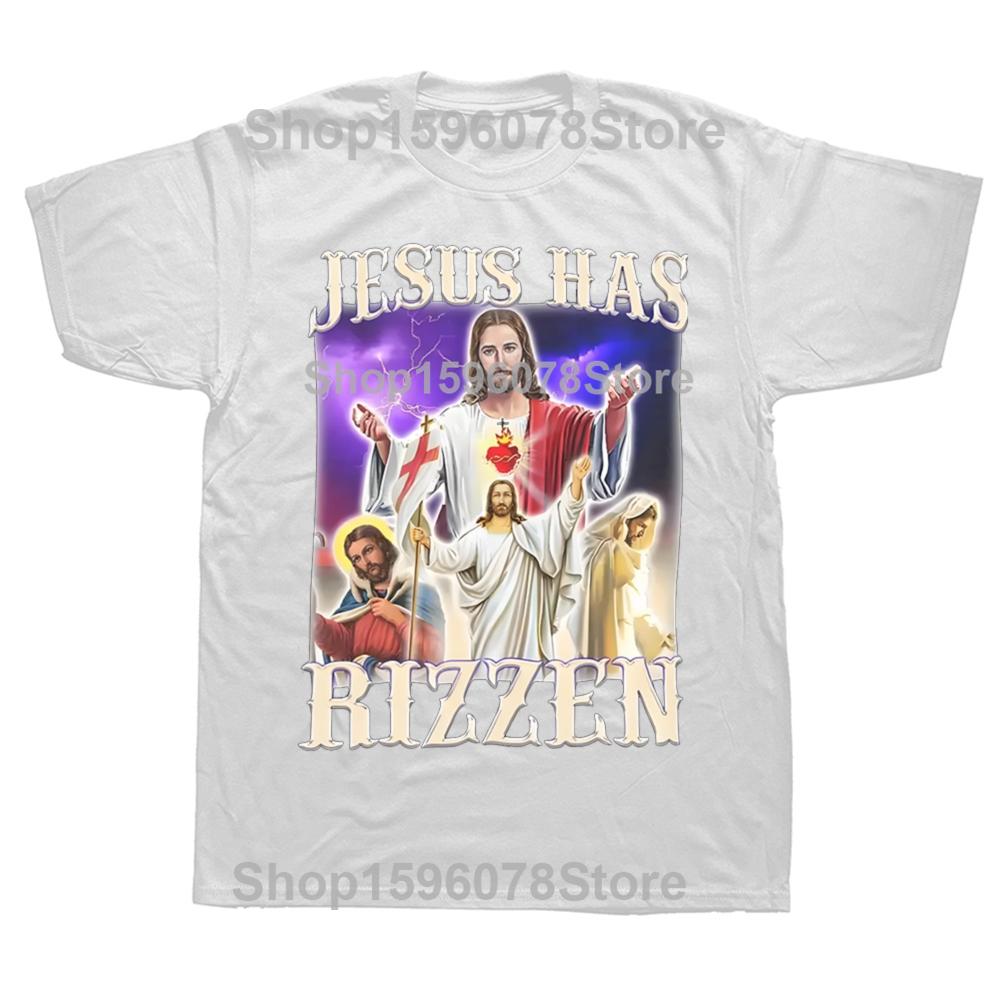 Men Women Jesus Has Rizzen Rizz Humor Christ Gift TShirts Apparel Cotton Funny Catholic Jesus Meme T Shirts Tee Clothes