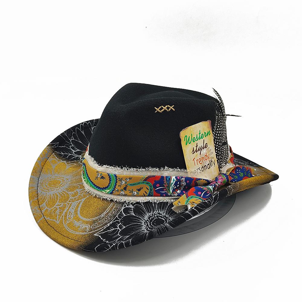 Printed Fedora Western Cowboy Hat Flower Painted Jazz Hat Men and Women Cowboy Hat Wide Brim Fashion Hat Feather Accessories