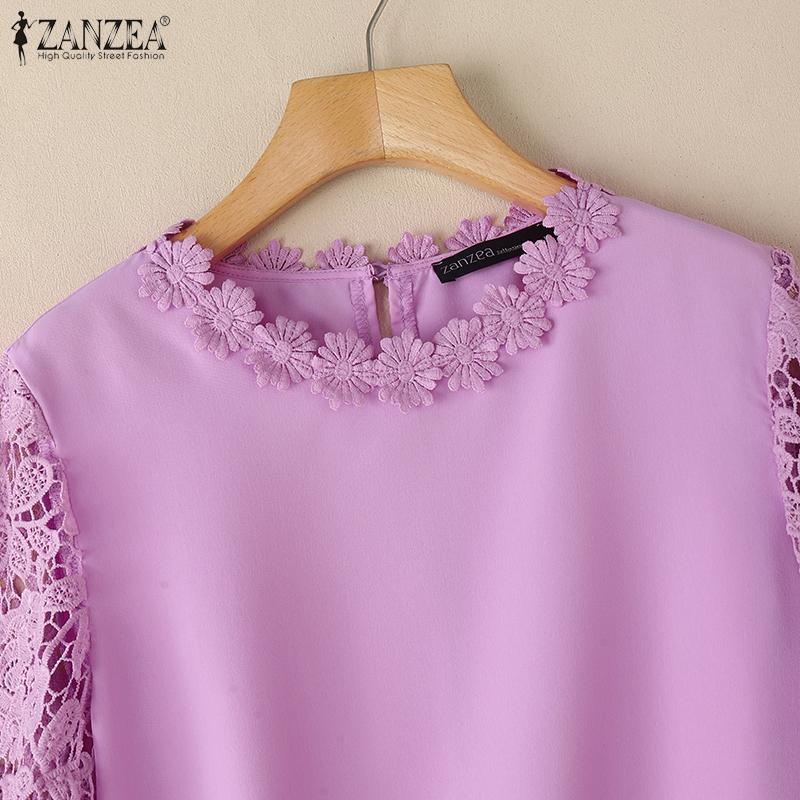 ZANZEA Women Casual Lace Crochet Splice 3/4 Sleeve Loose Blouse