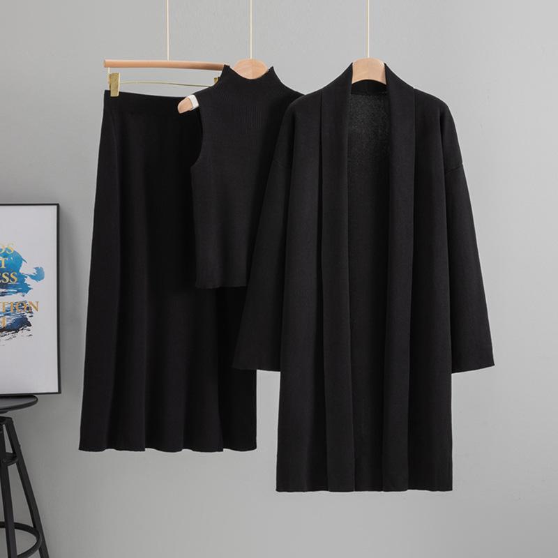Women's Autumn Winter Knitted Three-Piece Set: Sleeveless Vest, Cardigan Sweater, Midi Skirt.