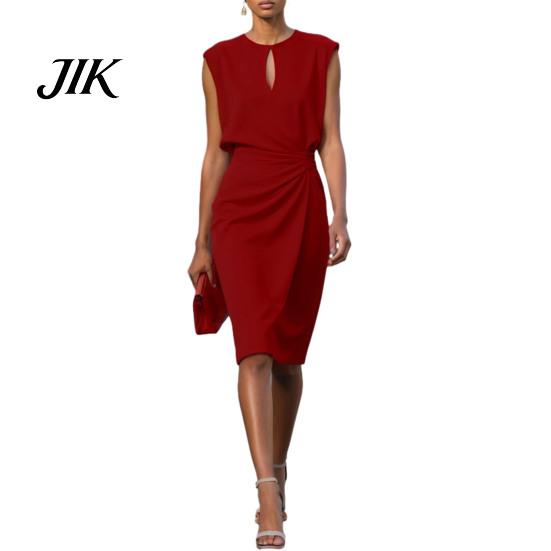Simple Style Dress Women s Business Work Crew Neck Sleeveless Ruched Loose Fit Bodycon Summer Slimming Formal Sheath Women M красный