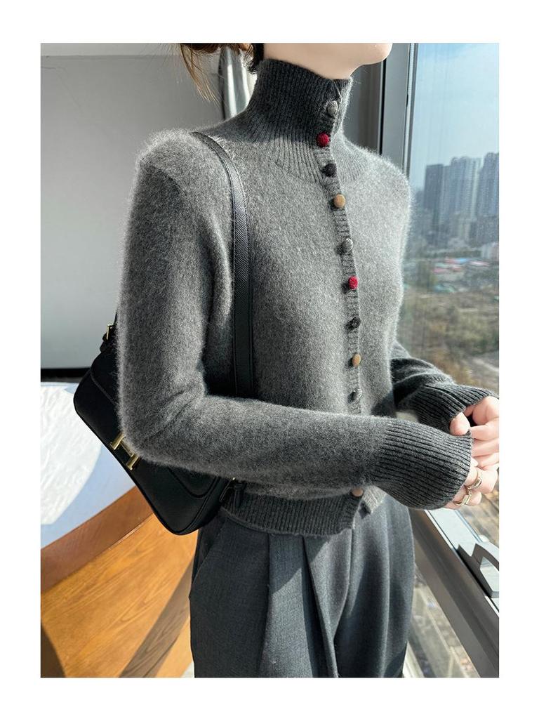 Women's 100% Pure Wool High Neck Sweater, Buttoned Cardigan, Loose Fit, Autumn/Winter Fashion.