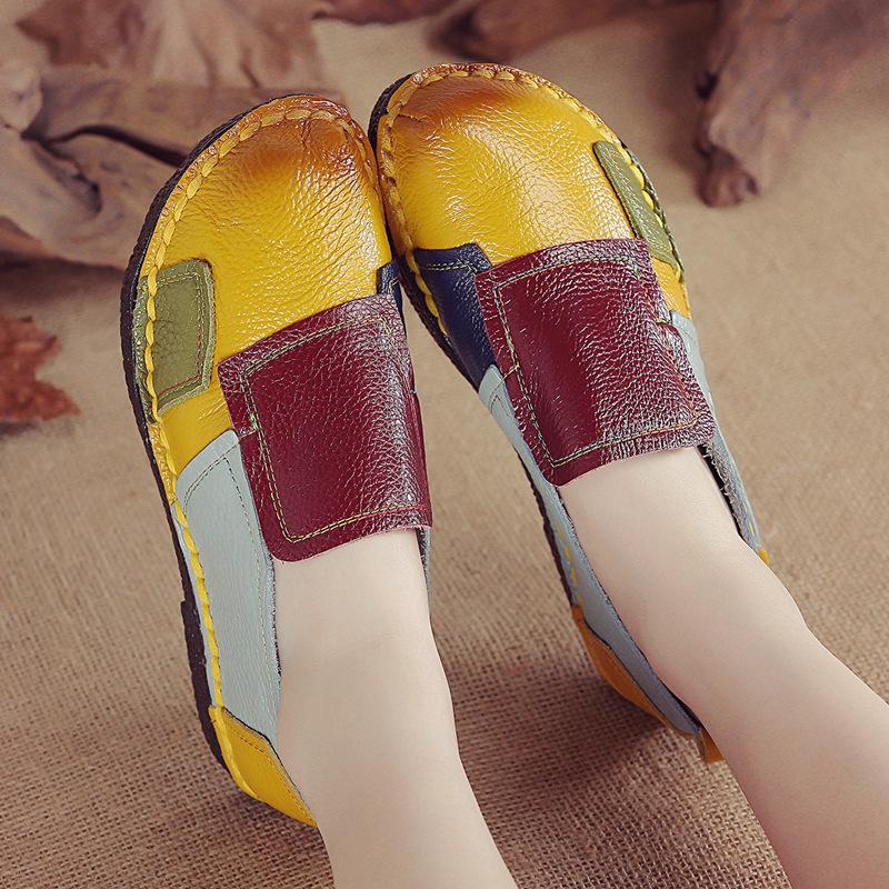 Flat Women's Shoes Ethnic Style Genuine Leather Color-blocking Casual Women's Single Shoes Large Size Hot Women's Shoes Beanie Shoes