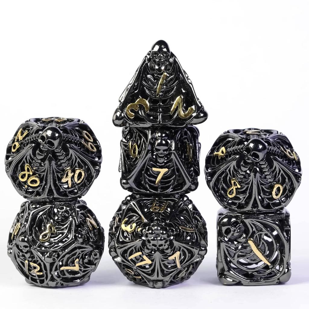 Cusdie Skelett Hohl DND Würfel Metall 7 Stück D4-D20 Polyedrisches Würfelset für Dungeons and Dragons Rollenspiel Pathfinder