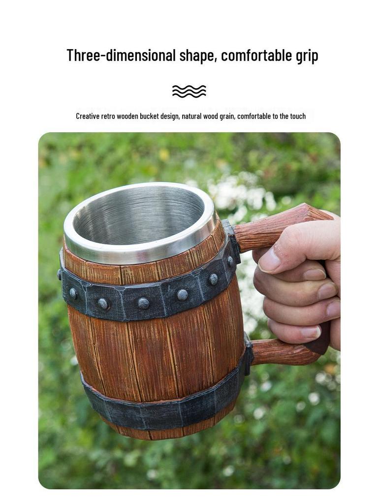 Creative Handmade Wooden Barrel-Style Stainless Steel Beer Mug, Large Capacity