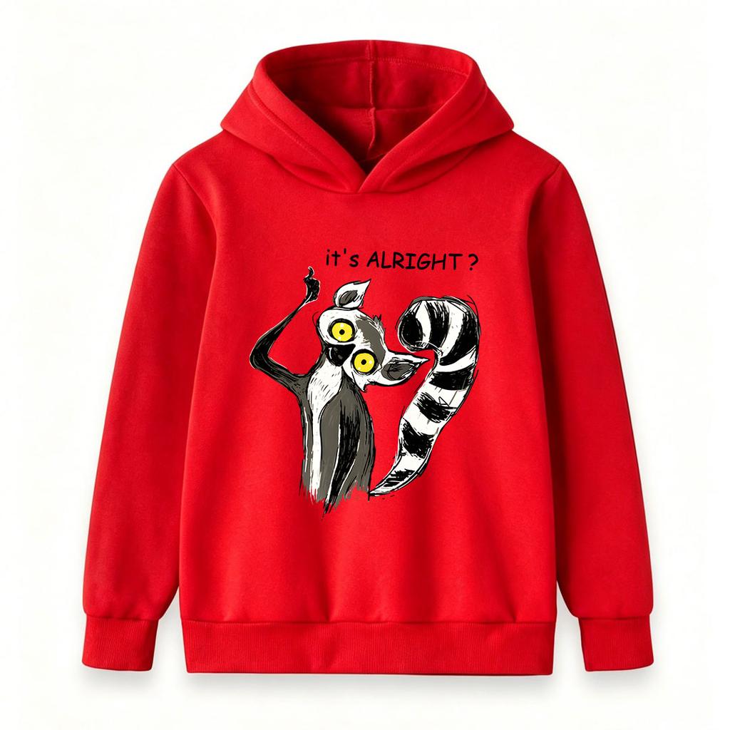 Kids Boys Girls Pullover Hoodie, Cartoon It's Alright Lemur Print Long Sleeve Casual Hooded Sweatshirt for Children Daily Casual Wear