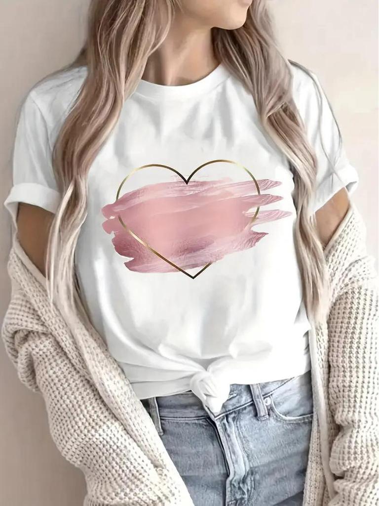 TEMU Valentine's Heart Women's Short Sleeve Crew Neck Top