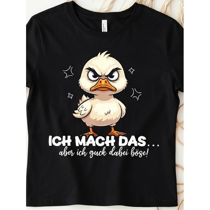 Women's black short sleeve crew neck t-shirt with angry cartoon duck graphic and german text, soft cotton feel for casual daily wear or funny gift