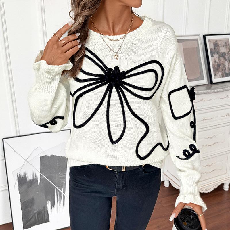 2026 European & American Autumn/Winter Sweet Cute Women's Bow Round Neck Loose Sweater
